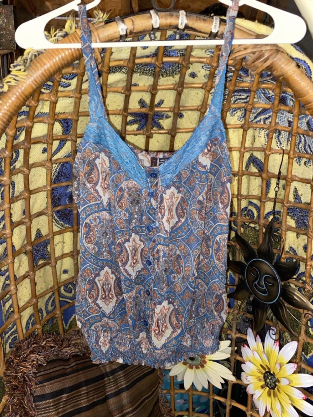Fire Los Angeles Y2K Boho Paisley Cami Tank Top Lace V Neck Smocked